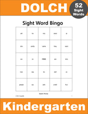 Kindergarten Sight Words Bingo, All 52 Dolch Primer Sight Words