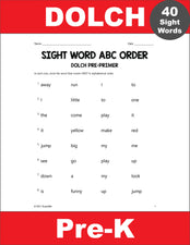 Pre-Primer Dolch Sight Words Worksheets - ABC Order, Pre-K
