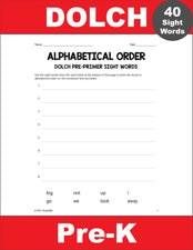 Pre-Primer Dolch Sight Words Worksheets - Alphabetical Order, Pre-K