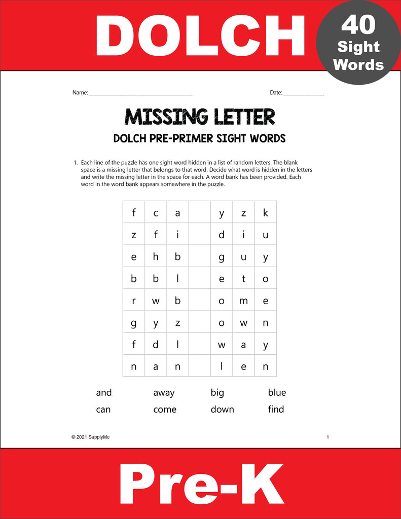 Pre-Primer Dolch Sight Words Worksheets - Missing Letter, Pre-K