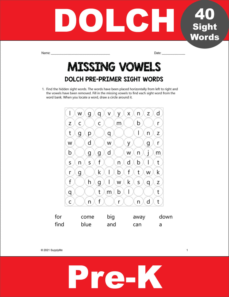 Pre-Primer Dolch Sight Words Worksheets - Missing Vowels, Pre-K