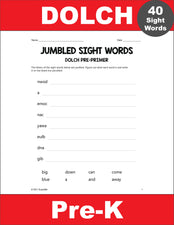 Pre-Primer Dolch Sight Words Worksheets - Word Jumbles, Pre-K