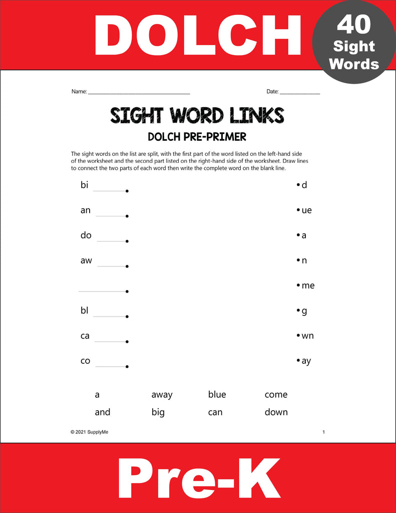 Pre-Primer Dolch Sight Words Worksheets - Word Links, Pre-K