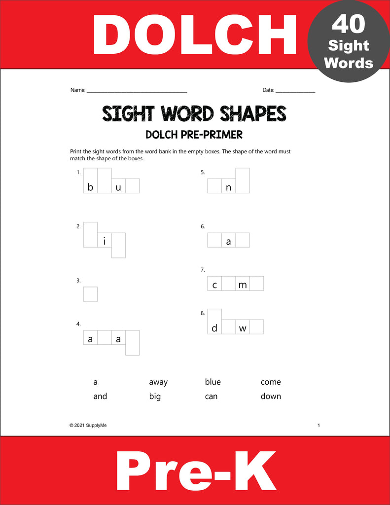 Pre-Primer Dolch Sight Words Worksheets - Word Shapes, 3 Variations, Pre-K
