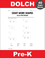 Pre-Primer Dolch Sight Words Worksheets - Word Shapes, 3 Variations, Pre-K