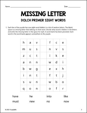 Kindergarten Sight Words Worksheets - Missing Letter, All 52 Dolch Primer Sight Words