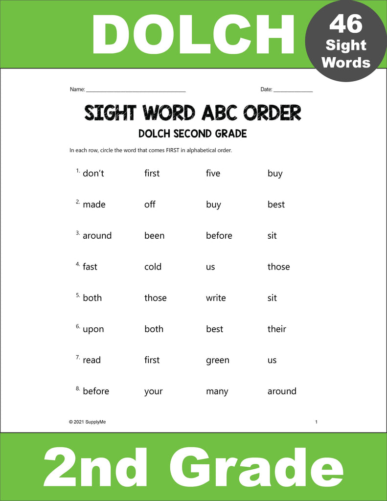Second Grade Sight Words Worksheets - ABC Order, All 46 Dolch 2nd Grade Sight Words