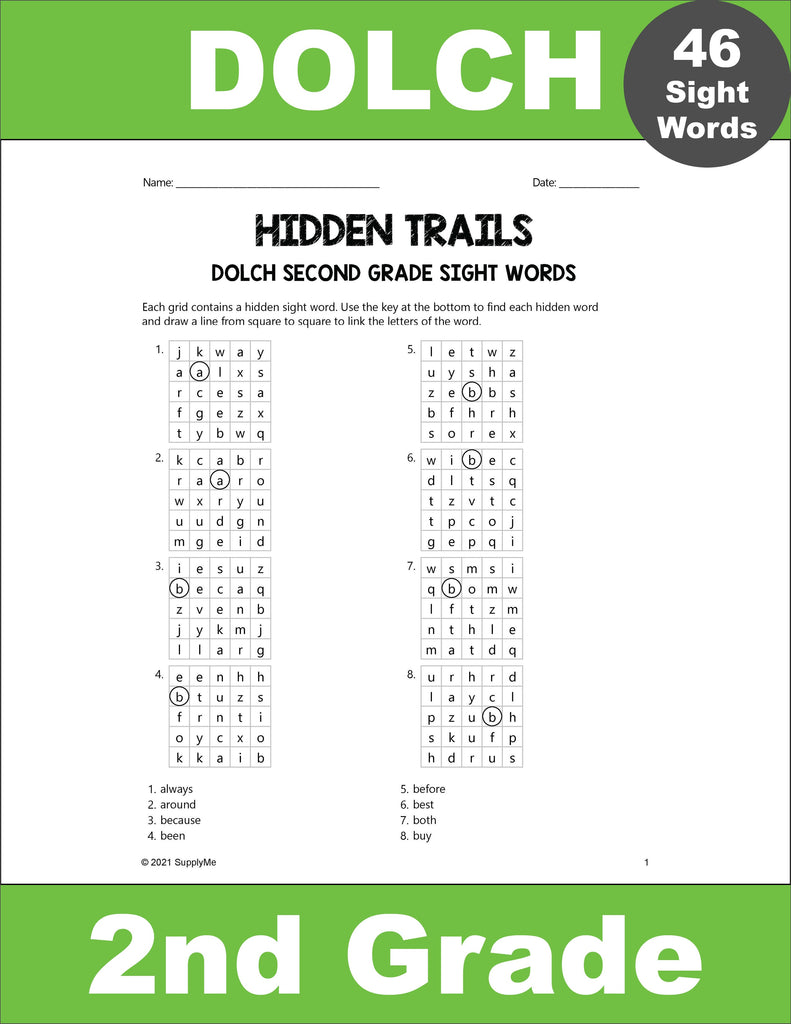 Second Grade Sight Words Worksheets - Hidden Trails, 2 Variations, All 46 Dolch 2nd Grade Sight Words