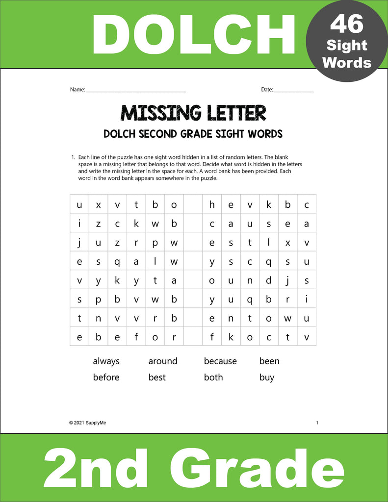 Second Grade Sight Words Worksheets - Missing Letter, All 46 Dolch 2nd Grade Sight Words