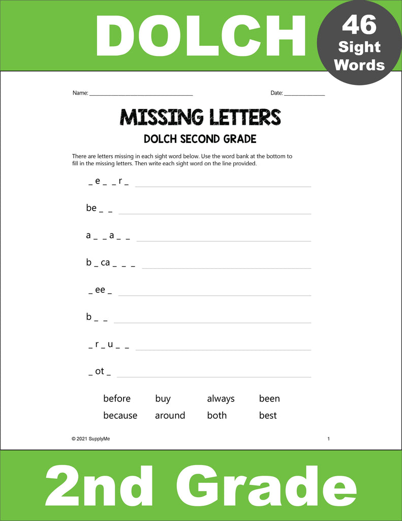 Second Grade Sight Words Worksheets - Missing Letters, All 46 Dolch 2nd Grade Sight Words