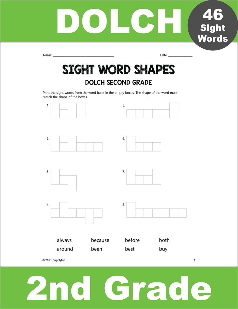 Second Grade Sight Words Worksheets - Word Shapes, 3 Variations, All 46 Dolch 2nd Grade Sight Words