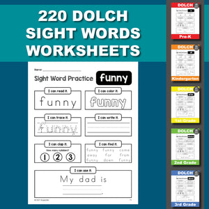 Dolch Sight Words Worksheets, Sight Word Practice Bundle, Includes All 220 Dolch Sight Words, Grades PreK-3, 220 Pages