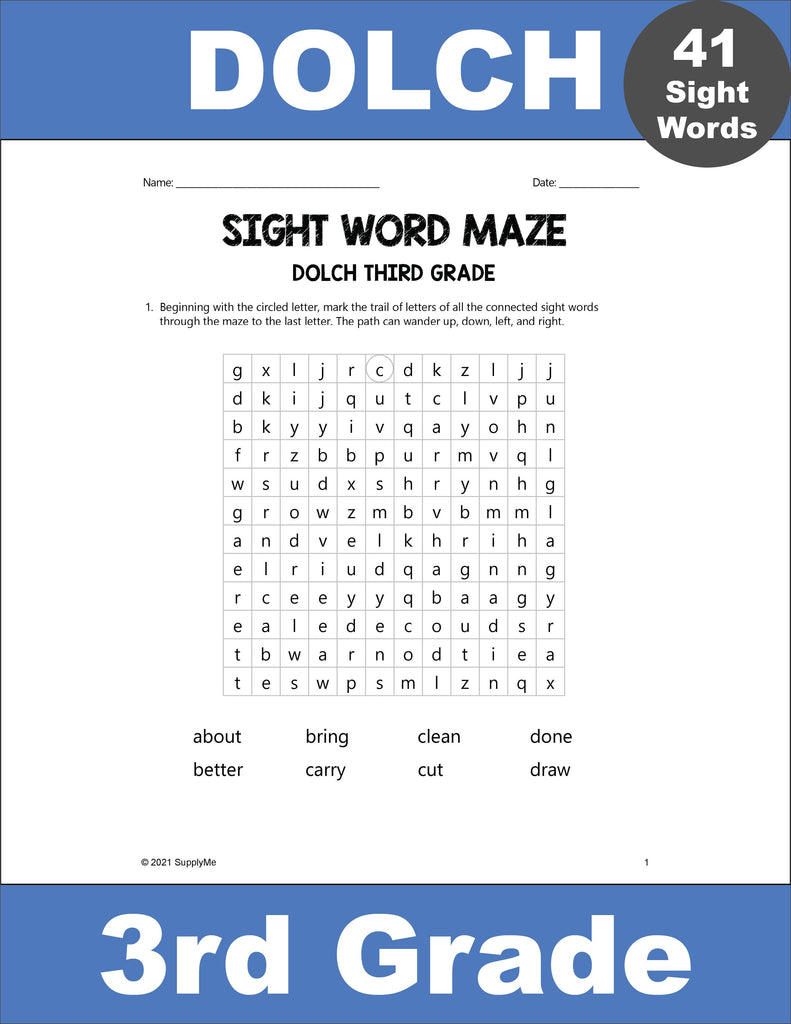 Third Grade Sight Words Worksheets - Sight Word Maze, All 41 Dolch 3rd Grade Sight Words