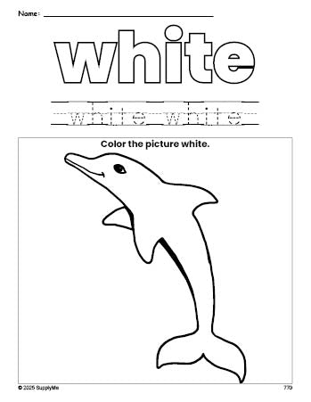 Free dolphin color white coloring page and color worksheet, white worksheet for preschoolers to learn colors, printable PDF