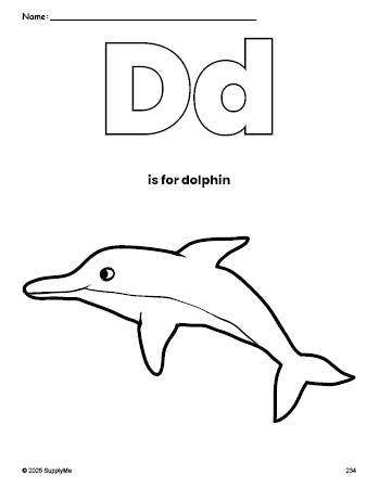 Free printable dolphin coloring page, letter d coloring page for preschool, pre-k, and kindergarten, PDF