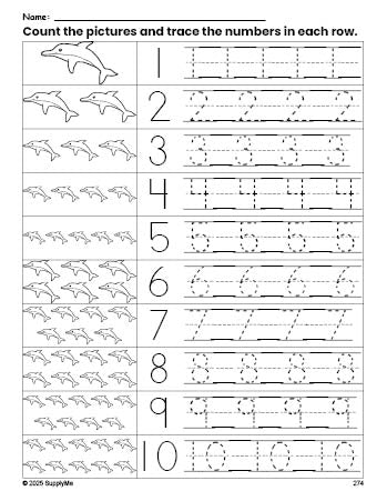 Free printable dolphin counting worksheet for preschool and pre-k with number tracing practice 1-10, PDF