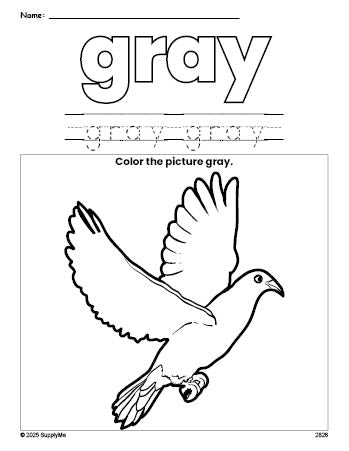 Free dove color gray coloring page and color worksheet, gray worksheet for preschoolers to learn colors, printable PDF
