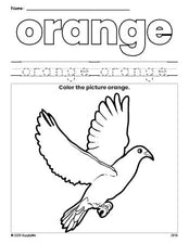 Free dove color orange coloring page and color worksheet, orange worksheet for preschoolers to learn colors, printable PDF