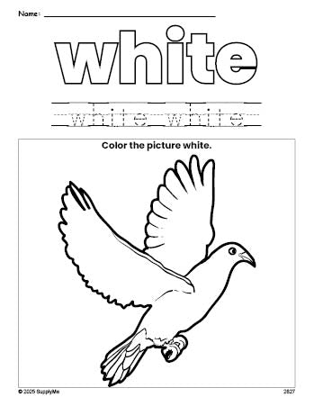 Free dove color white coloring page and color worksheet, white worksheet for preschoolers to learn colors, printable PDF