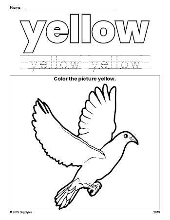 Free dove color yellow coloring page and color worksheet, yellow worksheet for preschoolers to learn colors, printable PDF