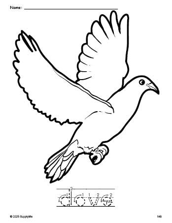 Free printable dove coloring page and word tracing worksheet, letter formation guides, perfect for preschool, pre-k, and kindergarten, PDF