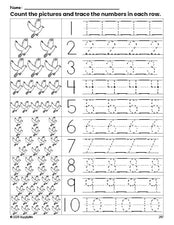 Free printable dove counting worksheet for preschool and pre-k with number tracing practice 1-10, PDF
