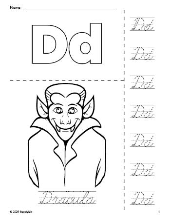 Free printable Dracula Halloween coloring page and cursive letter tracing worksheet, letter d worksheet for preschool, pre-k, and kindergarten, PDF