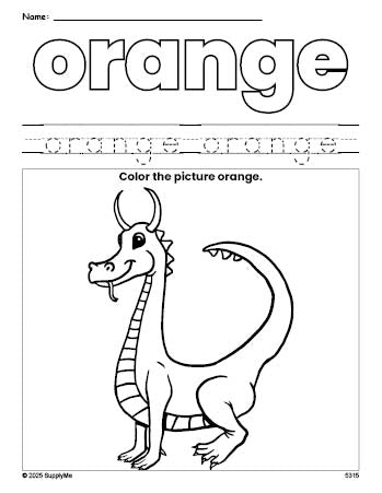 Free dragon color orange coloring page and color worksheet, orange worksheet for preschoolers to learn colors, printable PDF