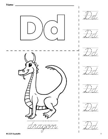 Free printable dragon coloring page and cursive letter tracing worksheet, letter d worksheet for preschool, pre-k, and kindergarten, PDF