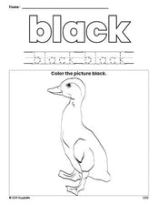Free duck color black coloring page and color worksheet, black worksheet for preschoolers to learn colors, printable PDF