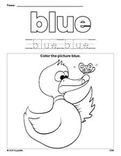 Free duck color blue coloring page and color worksheet, blue worksheet for preschoolers to learn colors, printable PDF