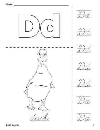 Free printable duck coloring page and cursive letter tracing worksheet, letter d worksheet for preschool, pre-k, and kindergarten, PDF