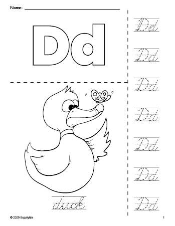 Free printable duck coloring page and cursive letter tracing worksheet, letter d worksheet for preschool, pre-k, and kindergarten, PDF