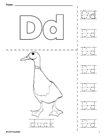 Free printable duck coloring page and letter tracing worksheet, letter d worksheet for preschool, pre-k, and kindergarten, PDF