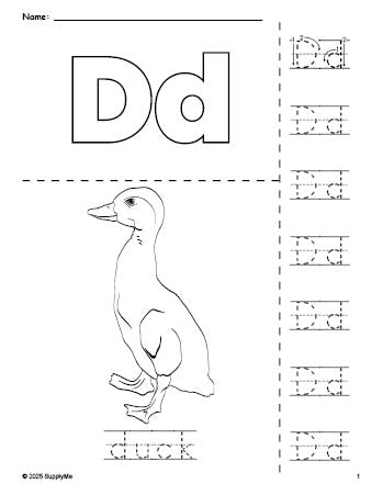 Free printable duck coloring page and letter tracing worksheet, letter d worksheet for preschool, pre-k, and kindergarten, PDF