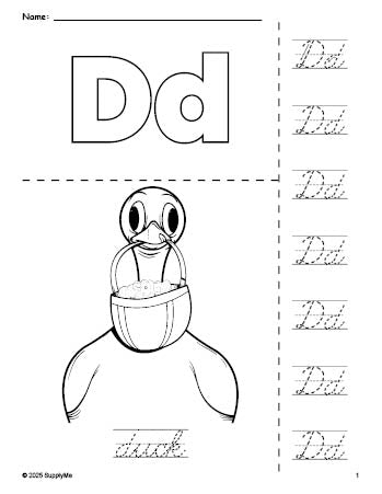 Free printable duck Easter coloring page and cursive letter tracing worksheet, letter d worksheet for preschool, pre-k, and kindergarten, PDF