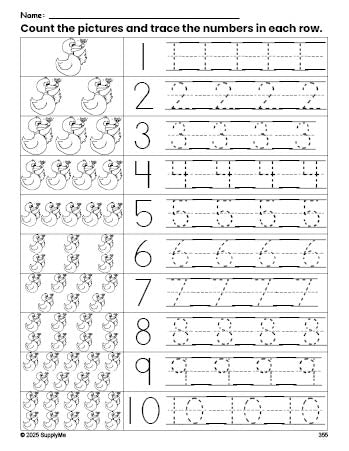 Free printable duck counting worksheet for preschool and pre-k with number tracing practice 1-10, PDF