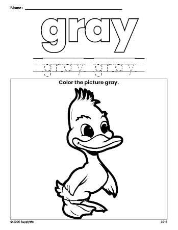 Free duckling color gray coloring page and color worksheet, gray worksheet for preschoolers to learn colors, printable PDF