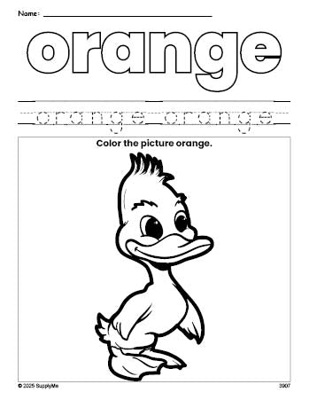 Free duckling color orange coloring page and color worksheet, orange worksheet for preschoolers to learn colors, printable PDF
