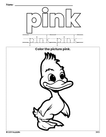 Free duckling color pink coloring page and color worksheet, pink worksheet for preschoolers to learn colors, printable PDF