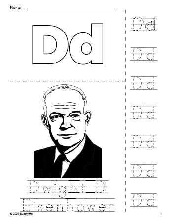 Free printable Dwight D Eisenhower Presidents' Day coloring page and letter tracing worksheet, letter d worksheet for preschool, pre-k, and kindergarten, PDF
