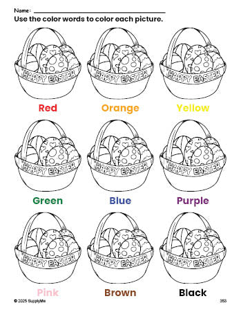 Free Easter basket coloring page and color worksheet for preschoolers to learn colors, printable PDF