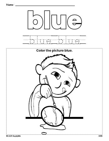 Free Easter boy color blue coloring page and color worksheet, blue worksheet for preschoolers to learn colors, printable PDF
