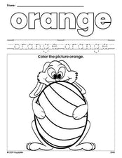 Free Easter bunny color orange coloring page and color worksheet, orange worksheet for preschoolers to learn colors, printable PDF