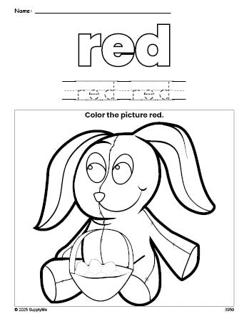 Free Easter bunny color red coloring page and color worksheet, red worksheet for preschoolers to learn colors, printable PDF