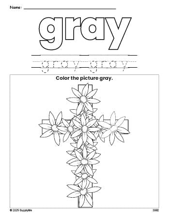 Free Easter cross color gray coloring page and color worksheet, gray worksheet for preschoolers to learn colors, printable PDF
