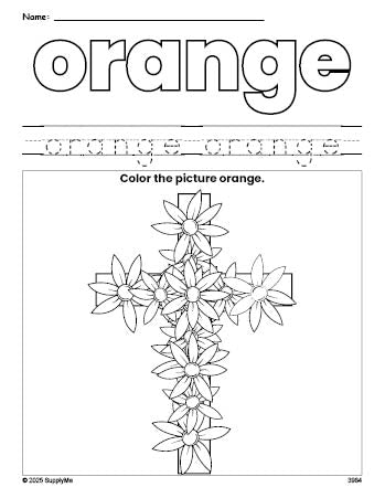 Free Easter cross color orange coloring page and color worksheet, orange worksheet for preschoolers to learn colors, printable PDF