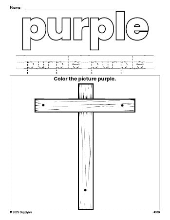 Free Easter cross color purple coloring page and color worksheet, purple worksheet for preschoolers to learn colors, printable PDF