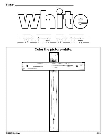 Free Easter cross color white coloring page and color worksheet, white worksheet for preschoolers to learn colors, printable PDF