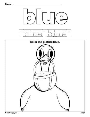 Free Easter duck color blue coloring page and color worksheet, blue worksheet for preschoolers to learn colors, printable PDF